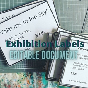 Exposições de arte/cartões de exibição de museus/etiquetas de obras de arte para artistas. Modelo editável com título e etiqueta de preço, etc. Vários tamanhos para impressão.