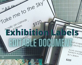 Art exhibition / museum display cards / artwork labels for artists. Editable template with title & price tag etc. Multiple sizes printable.