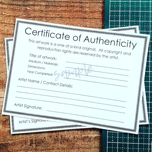 Certificat d'authenticité moderne / COA pour la peinture originale, avec une salle pour les coordonnées de l'artiste (format « Lettre » pour les artistes américains, plus A4)