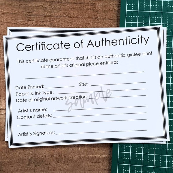 Certificate of Authenticity for Artwork - Modern Authenticity Certificate template for artists open edition fine art / giclee prints.