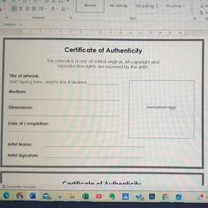 Editable Certificate of Authenticity Template for Artists, Photographers, Print makers. Simple modern font, with room for photo. MS Word doc image 2