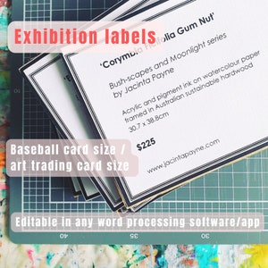 Etiquetas de exposição de arte/museu, tamanho de cartão colecionável de beisebol. Modelo editável para impressão, mostrando o título da obra de arte, nome do artista, preço, etc.