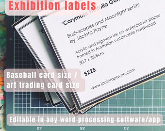 Art exhibition / museum labels, Baseball trading card size. Editable printable template, showing artwork title, artist name, price etc.