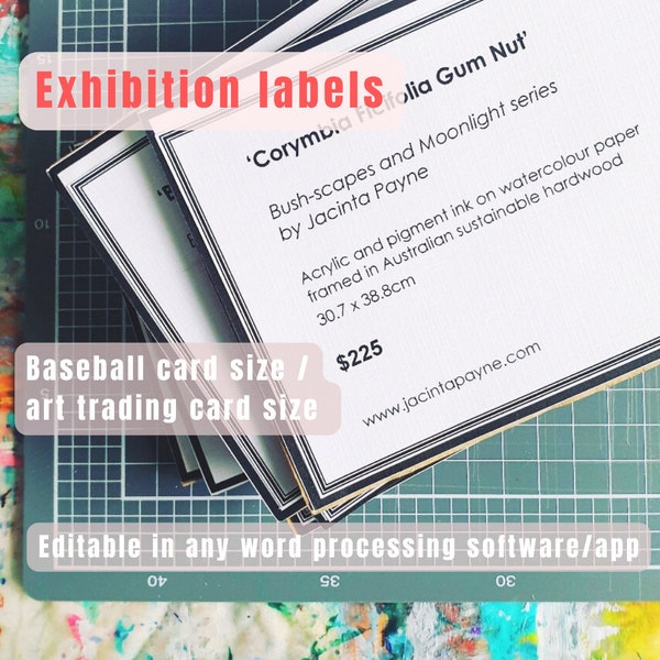 Art exhibition / museum labels, Baseball trading card size. Editable printable template, showing artwork title, artist name, price etc.