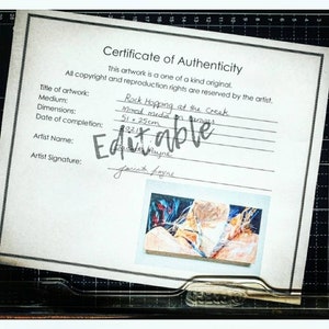 Editable Certificate of Authenticity Template for Artists, Photographers, Print makers. Simple modern font, with room for photo. MS Word doc