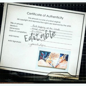 Editable Certificate of Authenticity Template for Artists, Photographers, Print makers. Simple modern font, with room for photo. MS Word doc image 1