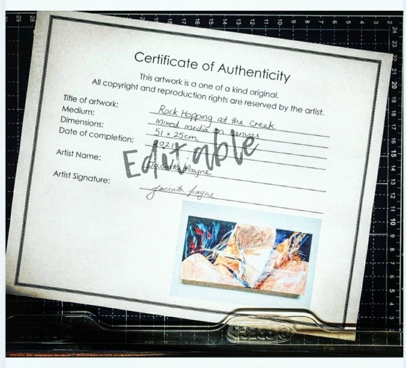 Editable Certificate of Authenticity Template for Artists, Photographers, Print makers. Simple modern font, with room for photo. MS Word doc image 1