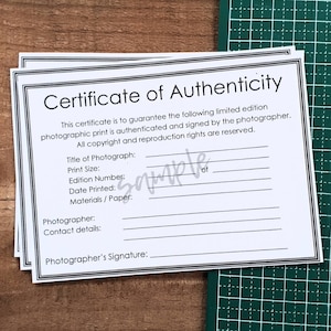Certificate of Authenticity PDF for Photographers / Photographic Prints / Fine Art Photography, with room for Photographer / Artist details