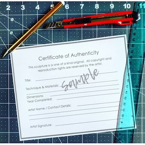 Certificate of Authenticity Template for artists, simple design, PDF digital download. For Sculpture, 3D art, ceramics, wood, metal artists.
