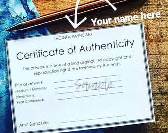 Modern Customised Certificate of Authenticity for Artists & photograpers, for original art works / paintings, fine art / photographic prints