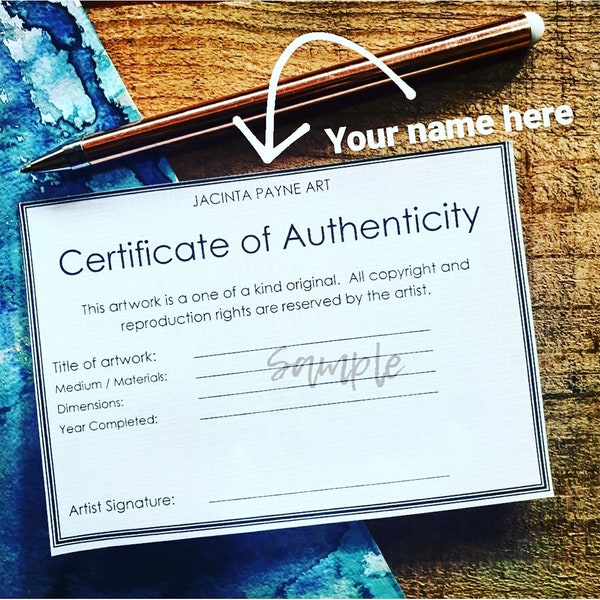 Modern Customised Certificate of Authenticity for Artists & photograpers, for original art works / paintings, fine art / photographic prints