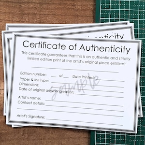 Plantilla de certificado de autenticidad para obras de arte, impresiones giclée/de bellas artes de edición limitada (4 en página de tamaño A4 + tamaño "Carta" para artistas de EE. UU.)