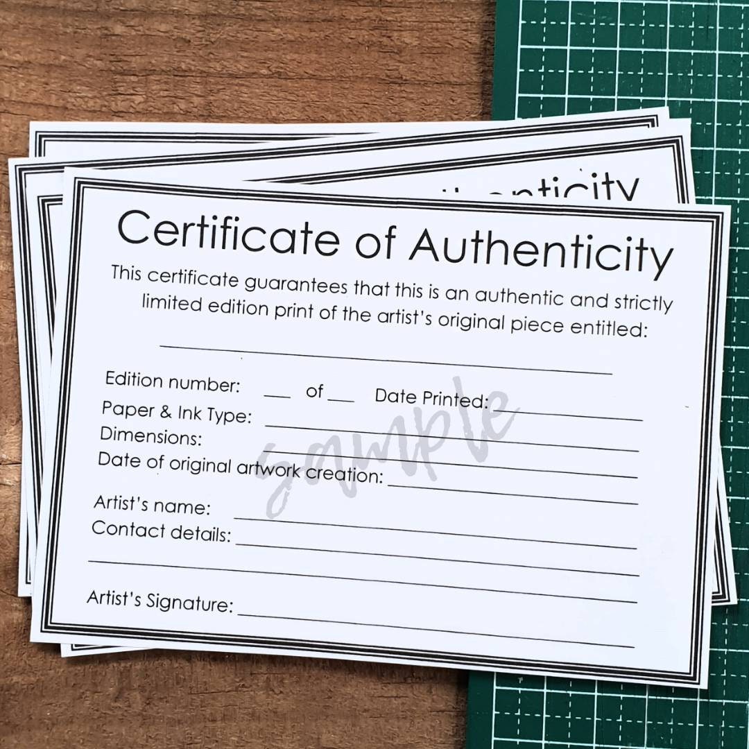 Authenticity Certificate Template for artwork, Limited Edition Fine Art /  Giclee Prints (21 on A21 size page + 