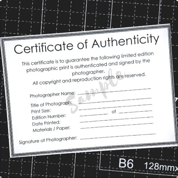 Certificate of Authenticity Template for Photographers.  Authenticity Certificate PDF for Photographs, Limited edition Photographic Prints.