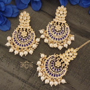 Pakistani Indian Punjabi Champagne Gold Indigo Blue Amritsari Kundan Meena Earrings Tikka Set Dilkash Fashion Jewelry Bollywood FREE SHIP