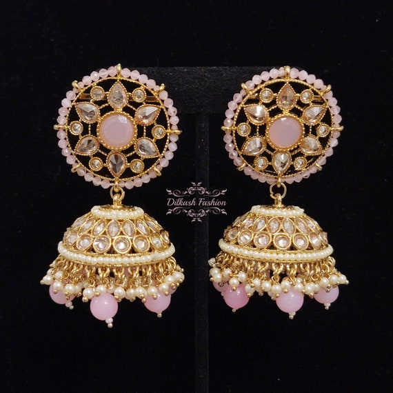 Pakistani Indian Punjabi Gold Pink Polki Jhumki Jhumka Earrings