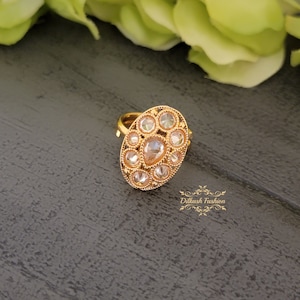 Pakistani Indian Punjabi Beautiful Gold Polki Adjustable Ring Dilkash Fashion Jewelry Bollywood Finger Ring Kundan Indian Ring