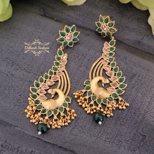 Pakistani Indian Punjabi Gold Green Pearls Polki Morni Earrings Dilkash Fashion Jewelry Bollywood Peacock Chandbali Jhumki Sabyasachi Studs
