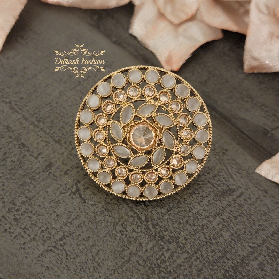 Pakistani Rings Pakistani Indian Punjabi Beautiful Gold Gray Polki Adjustable Ring ...