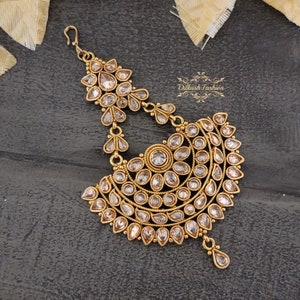 Pakistani Indian Punjabi Beautiful Handcrafted Gold Polki Jhumar Passa Headpiece Dilkash Fashion Jewelry Bollywood Tikka Teeka Paasa Chain
