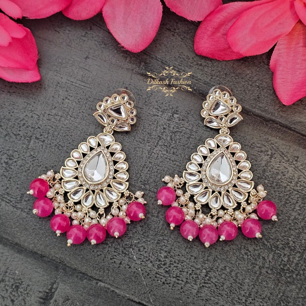 Pakistani Indian Punjabi Gold Hot Pink Kundan AD Earrings Dilkash Fashion Jewelry Bollywood Sabyasachi Polki Chandbali American Diamond