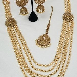 Pakistani Indian Punjabi Polki Gold Maala Necklace Jhumki Earrings Tikka Set Dilkash Fashion Jewelry