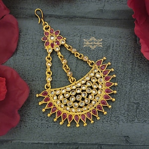 Pakistani Indian Punjabi Beautiful Ruby Red Gold Polki Jhumar Passa Headpiece Dilkash Fashion Jewelry Bollywood Tikka Teeka Paasa Chain