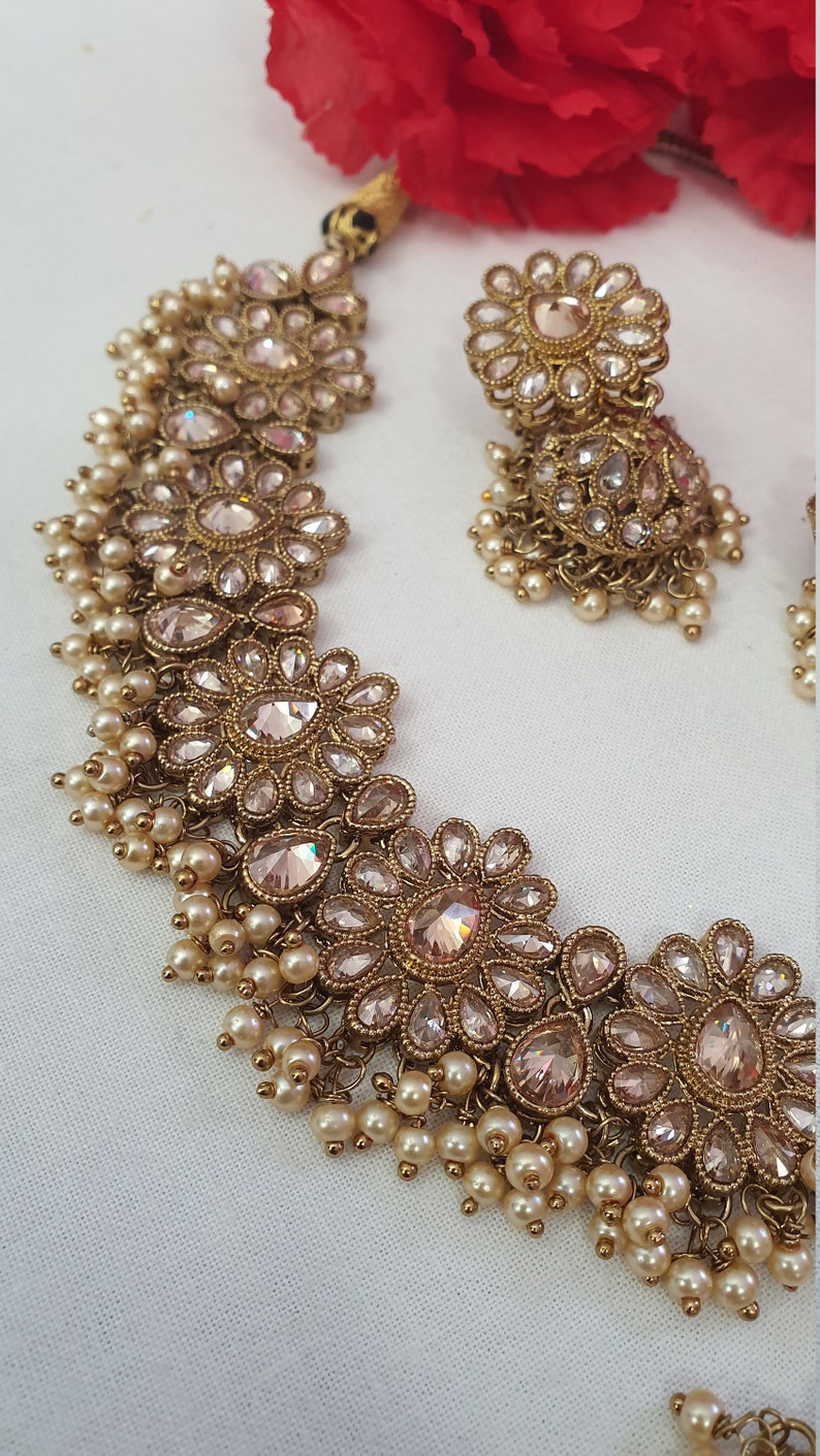 Pakistani Indian Punjabi Polki Gold Necklace Studs Earrings Tikka Set Dilkash Fashion Jewelry