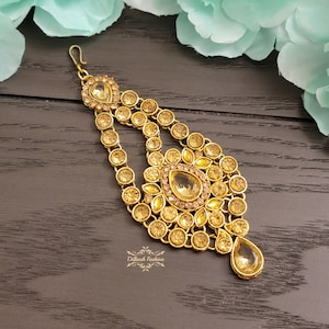 Pakistani Indian Punjabi Beautiful Gold Rhinestone Crystal Jhumar Passa Headpiece Dilkash Fashion Jewelry Bollywood Hair Piece Tikka Teeka