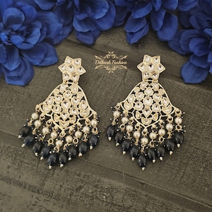 Pakistani Indian Punjabi Gold Kundan Navy Blue Earrings Dilkash Fashion Jewelry Bollywood Sabyasachi Polki Chandbali Tyaani Pearl Jhumkas
