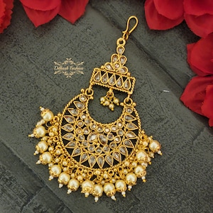 Pakistani Indian Punjabi Beautiful Handcrafted Gold Polki Jhumar Passa Headpiece Dilkash Fashion Jewelry Bollywood Tikka Teeka Paasa Chain