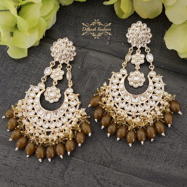 Pakistani Indian Punjabi Gold Amritsari Kundan Brown Green Pearl Chandbali Earrings Dilkash Fashion Jewelry Bollywood Sabyasachi Polki Stud