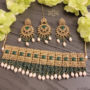 Pakistani Indian Punjabi Polki Mona Lisa High Quality Gold Green Necklace Choker Earrings Tikka Dilkash Fashion Jewelry Bollywood FREE SHIP