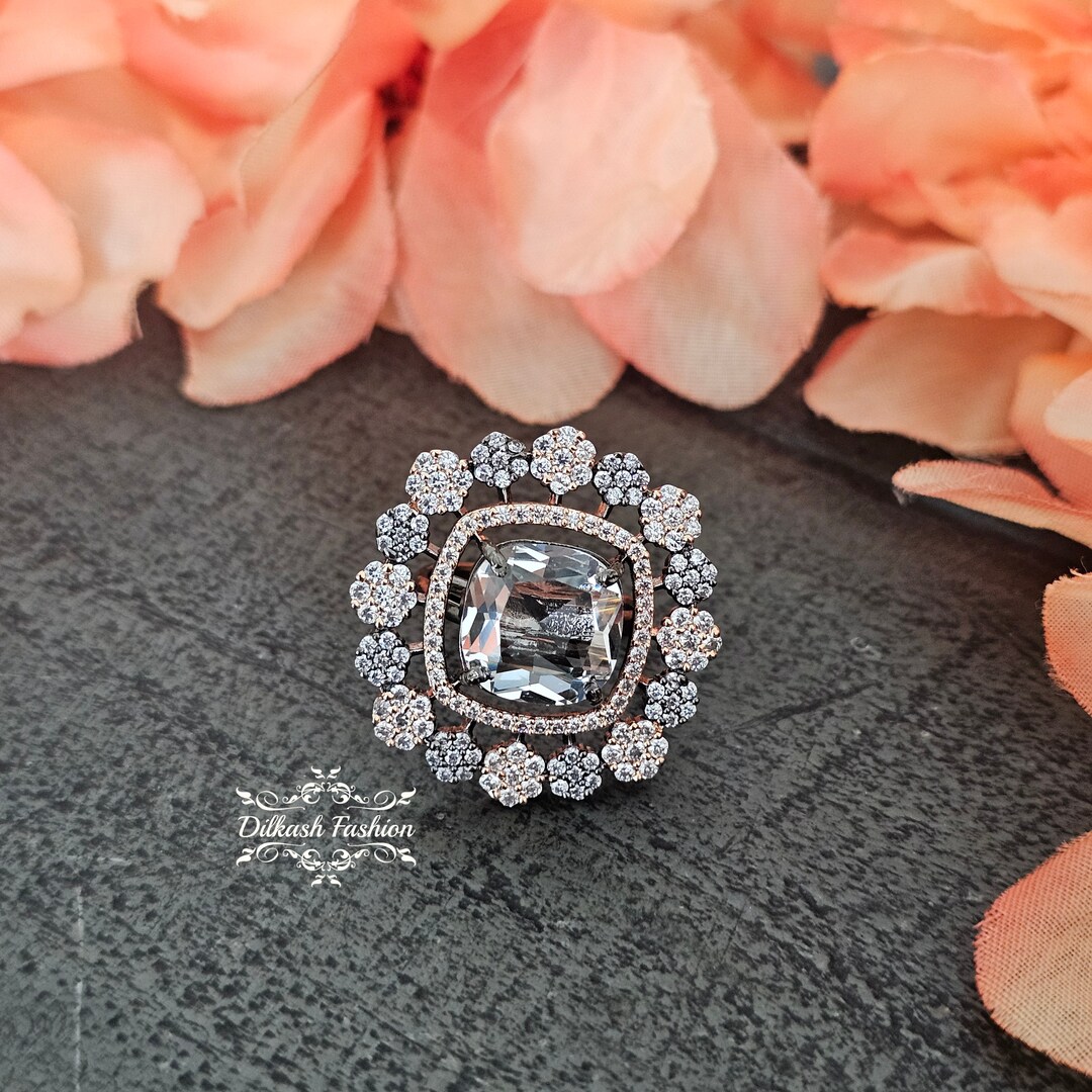 Pakistani Rings Pakistani Indian Punjabi Beautiful Black Rose Gold American Diamond AD ...