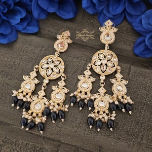 Pakistani Indian Punjabi Gold Kundan Navy Blue Earrings Dilkash Fashion Jewelry Bollywood Sabyasachi Polki Chandbali Tyaani Pearl Silver