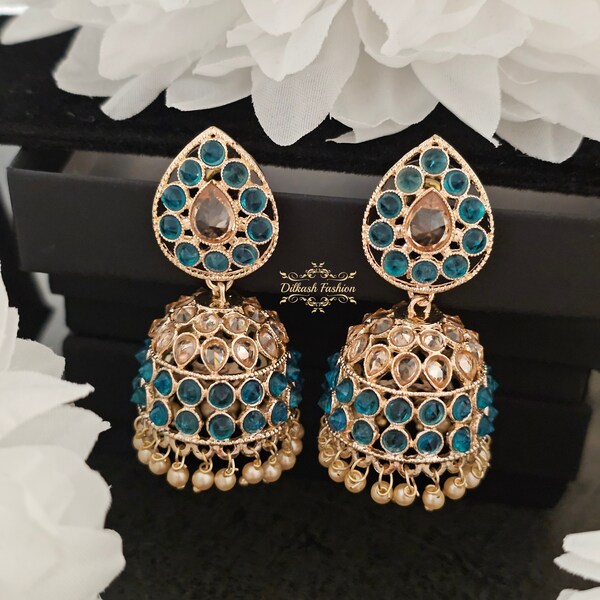 Pakistani Indian Punjabi Gold Teal Green Polki Jhumki Earrings Dilkash Fashion Jewelry Chandbali Jhumka Bollywood Baali Sabyasachi Tyaani