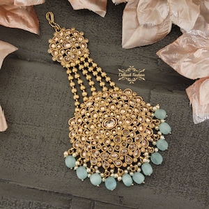 Pakistani Indian Punjabi Beautiful Mint Green Gold Polki Jhumar Passa Headpiece Dilkash Fashion Jewelry Bollywood Tikka Teeka Paasa Chain
