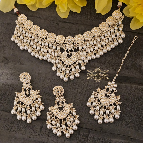 Pakistani Indian Punjabi Amritsari Kundan White Pearl Necklace Earrings Tikka Dilkash Fashion Jewelry Bollywood Chandbali Sabyasachi Polki