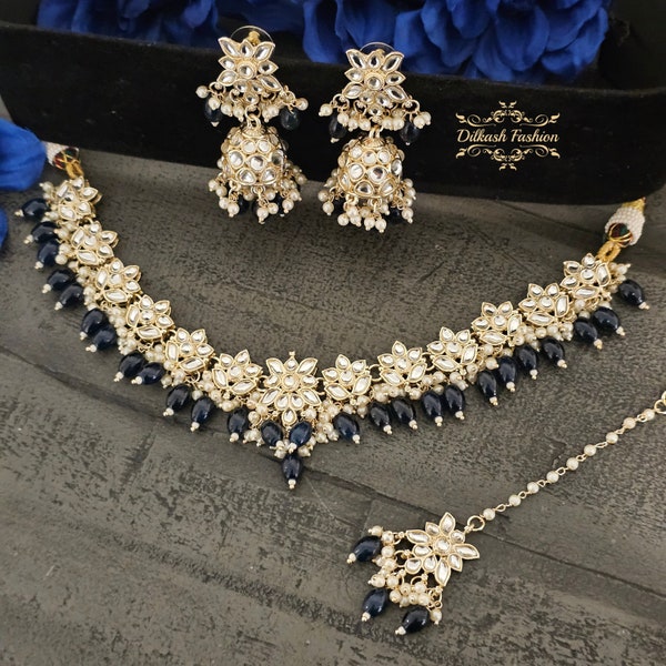 Pakistani Indian Punjabi Amritsari Kundan Gold Navy Blue Necklace Choker Earrings Tikka Dilkash Fashion Jewelry Bollywood Sabyasachi Polki