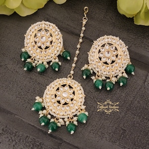 Pakistani Indian Punjabi Champagne Gold Green Amritsari Kundan Earrings Tikka Dilkash Fashion Jewelry Bollywood Jhumki Chandbali