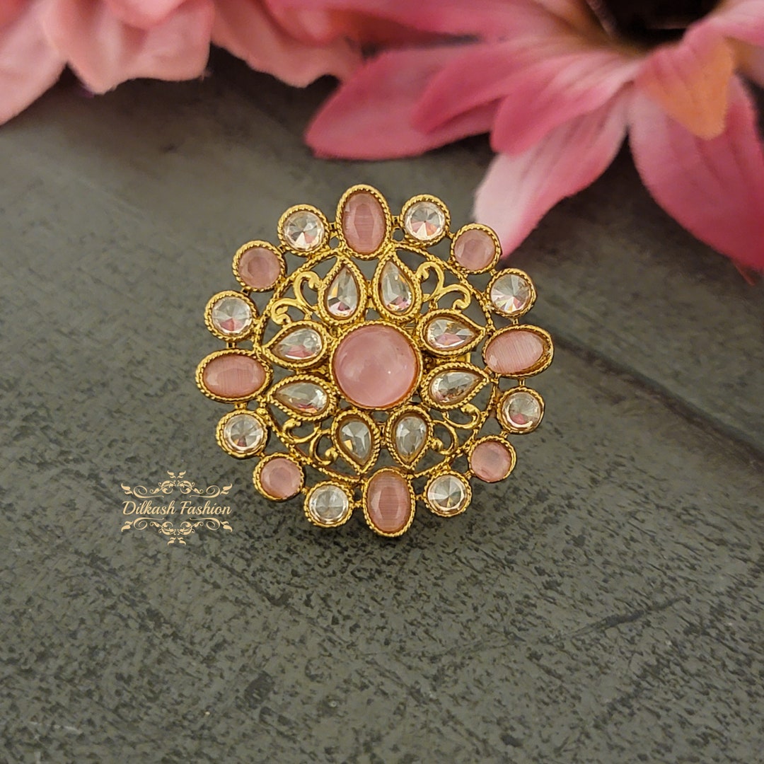 Pakistani Rings Pakistani Indian Punjabi Beautiful Gold Pink Polki Adjustable Ring ...