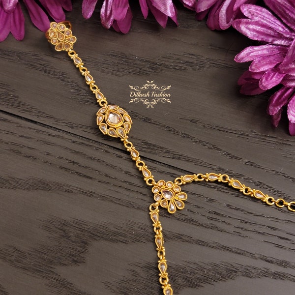 Pakistani Indian Punjabi Handcrafted Gold Polki Adjustable Hand Jewelry Bracelet Ring Dilkash Fashion Jewelry HaathPaan Hath Phool Panja