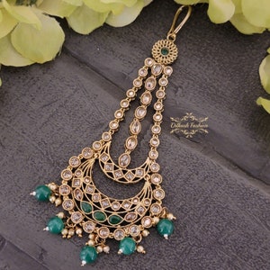 Pakistani Indian Punjabi Beautiful Green Gold Polki Jhumar Passa Headpiece Dilkash Fashion Jewelry Bollywood Tikka Teeka Paasa Chain