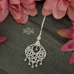 Pakistani Indian Punjabi Silver Cubic Zirconia American Diamond Tikka MaangTikka Headpiece Dilkash Fashion Jewelry Bollywood