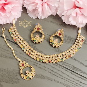 Pakistani Indian Punjabi Polki Gold Multi Necklace Earrings Tikka Set Dilkash Fashion Jewelry Bollywood FREE SHIP