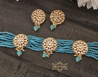 Pakistani Indian Punjabi Gold Kundan Turquoise Blue Necklace Choker Studs Earrings Dilkash Fashion Jewelry Bollywood Chandbali Sabyasachi