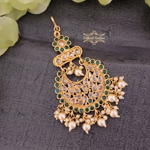 Pakistani Indian Punjabi Beautiful Green Gold Polki Jhumar Passa Headpiece Dilkash Fashion Jewelry Bollywood Tikka Teeka Paasa Chain
