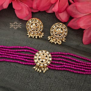 Pakistani Indian Punjabi Gold Kundan Magenta Pink Necklace Choker Studs Earrings Dilkash Fashion Jewelry Bollywood Chandbali Sabyasachi