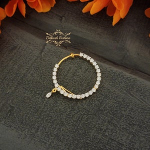 Pakistani Indian Punjabi Gold Cubic Zirconia CZ American Diamond Nath Nose Ring Nathni Dilkash Fashion Jewelry Bollywood