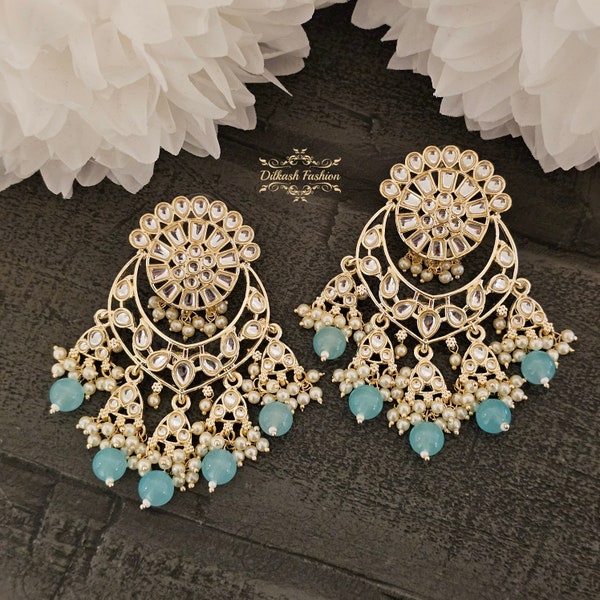 Pakistani Indian Punjabi Gold Kundan Sky Blue Earrings Dilkash Fashion Jewelry Bollywood Sabyasachi Polki Chandbali Tyaani Pearl Silver
